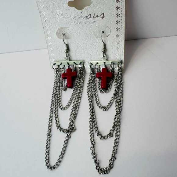 Precious Red Cross Chain Drape Earrings – Silver Punk Rock Statement Dangles - Picture 2 of 2